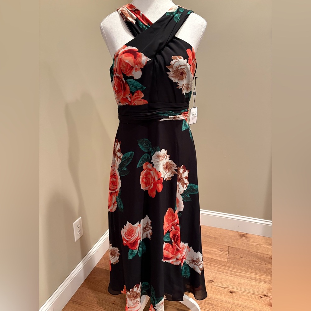 Laundry Floral Black and Red Chiffon Gown Dress Cross Halter Neck Sz 6 NWT